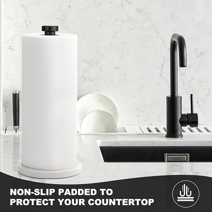 Standing Paper Towel Holder, Kitchen Paper Towel Roll Holder- for Bathroom Kitchen Countertop with Weighted Marble Base for One-Handed Operation (Black), Black Paper Towel Holder