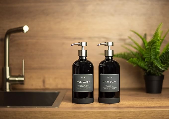 Hand and Dish Soap Dispenser for Kitchen and Bathroom, Set of 2 16 Oz Glass Bottles, Stainless Steel Pumps, Non-Slip Silicone Base, 27 Waterproof Labels (Gloss Black Bottle/Brushed Silver Pump)