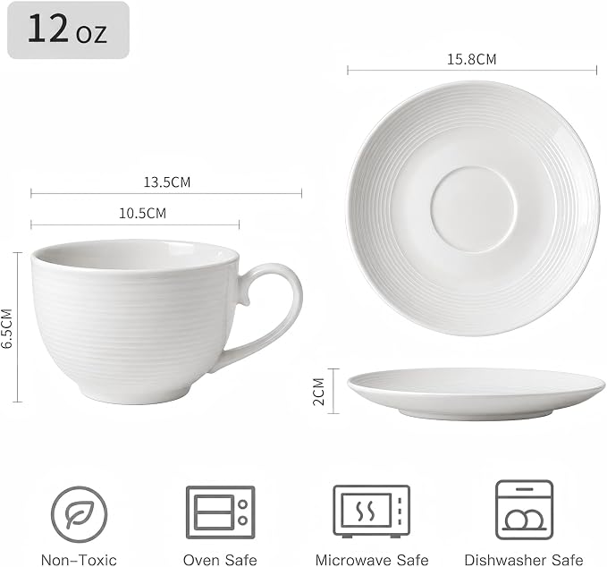 4pcs White Coffee Cups with Saucers, 12oz Ceramic Cappuccino Cups, Microwave & Dishwasher Safe, for Home, Cafe
