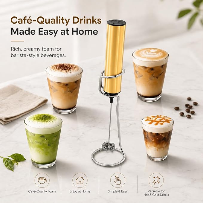 Rechargeable Milk Frother with Stand, Electric Whisks Foam Maker, POWERFUL USB C 2 Speed Handheld Drink Mixer for Coffee, Latte, Cappuccino, Matcha Drinks,Golden