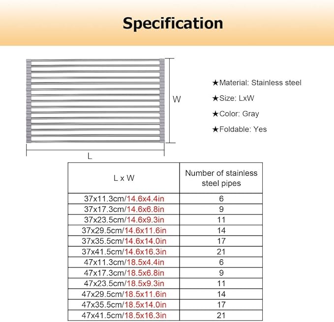 14.6/18.5 in Long Collapsible Over Sink Roll Up Dish Drying Rack for Kitchen Sink, Foldable Stainless Steel & Silicone Dish Drainer(Gray,47x11.3cm/18.5x4.4in)