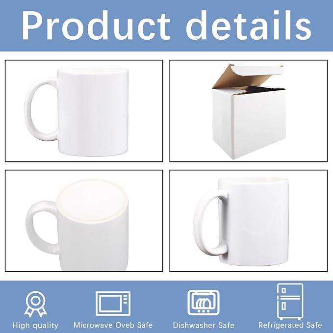24 Pack 11 oz sublimation mugs with boxes round handle tazas para 11oz ounce coffee cups for sublimation mug blanks bulk products (White, 11OZ)