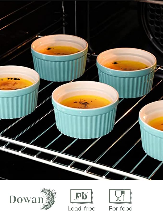 DOWAN Ramekins 6 oz Oven Safe for Creme Brulee Souffle, Porcelain Ramekin for Baking, Classic Style Ramekins Bowls Souffle Dishes Custard Cups, Set of 6, Blue