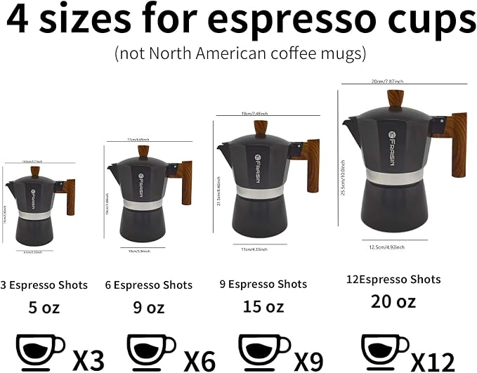 Stovetop Espresso Moka Pot Coffee Maker, Non-slip Wood Grain Handle, Cast Aluminum, Compatible with Gas, and Electric Stoves (Black, 9 cups)