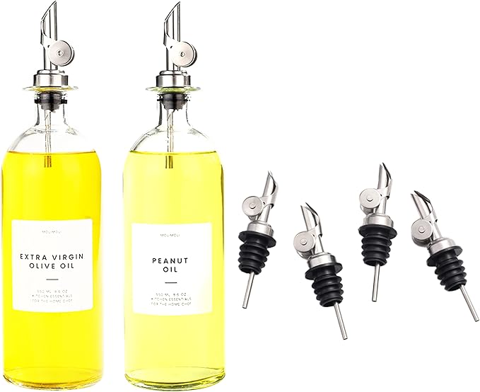 Molimoli Oil and Vinegar Dispenser with Metal Pour Spout, Glass Bottle Dispenser for Kitchen | Weighted Stainless Steel Pourers, Pack of 4 (Pourers), 500ml Oil Bottles Silver