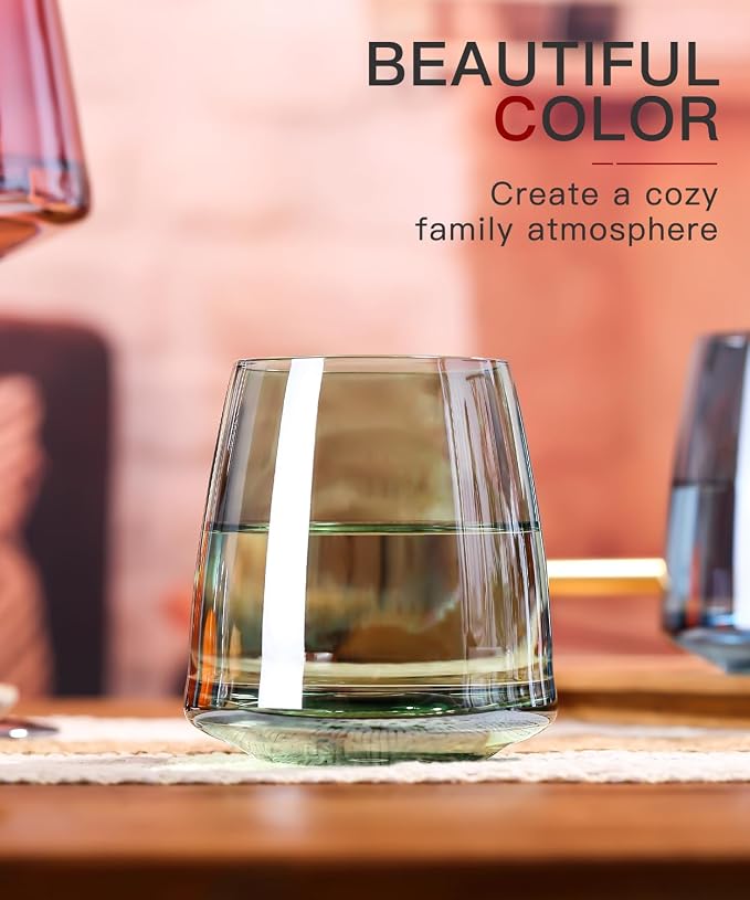 comfit Stemless Colored Wine Glasses Set of 6-15oz Colorful Wine Glasses,Perfect Red Wine Glass Stemware for Wine Lover in Wedding,Engagement Gifts