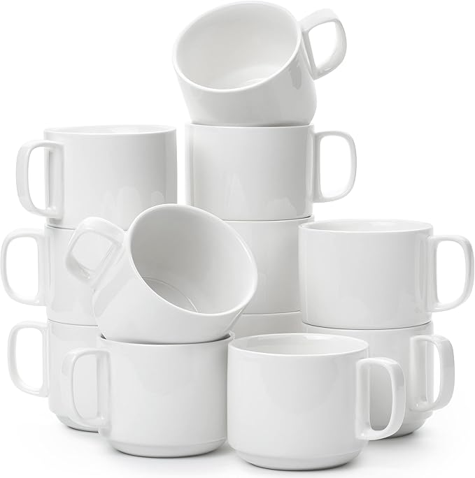 BTaT- Porcelain Stackable Coffee Mugs, 12 Pack, 12 oz, White | Ceramic Coffee Cups, Dishwasher and Microwave Safe