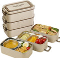 Bento Box Adult Lunch Box, Stackable 3-Layer 304 Stainless Steel for Adults, Office, 3L Capacity, Portable, Soup Bowl, Spoon & Fork, Metal Lunch Box, Tiffin (Beige)