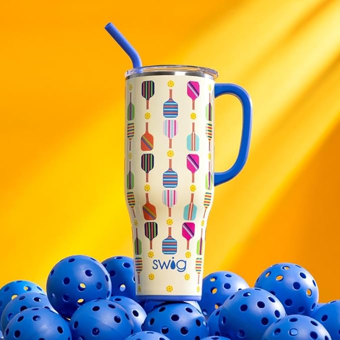 Swig Life 40oz Mega Mug, 40 oz Tumbler with Handle and Straw, Cup Holder Friendly, Dishwasher Safe, Extra Large Insulated Tumbler, Stainless Steel (Pickleball)