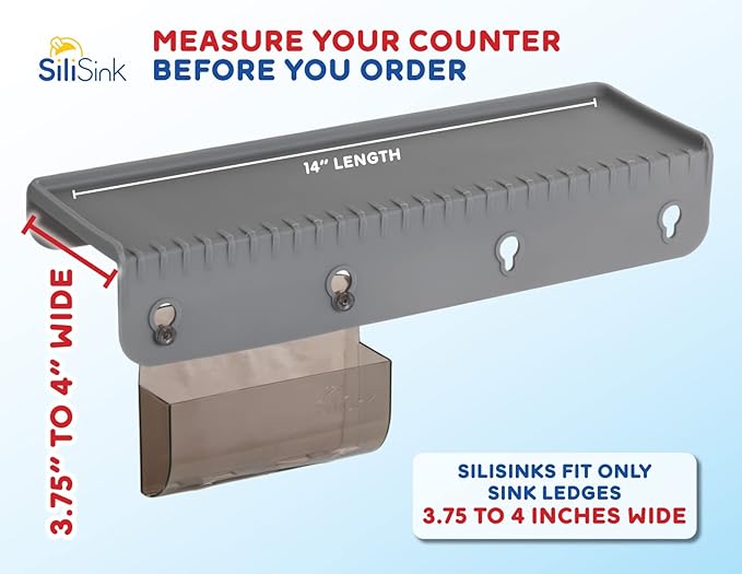 SiliProducts SiliSink Silicone Sink Edge Guard for Kitchen Sink - Fits 3.75” - 4” Wide - The Original Silicone Edge Protector with Sponge Caddy, 14” Gray