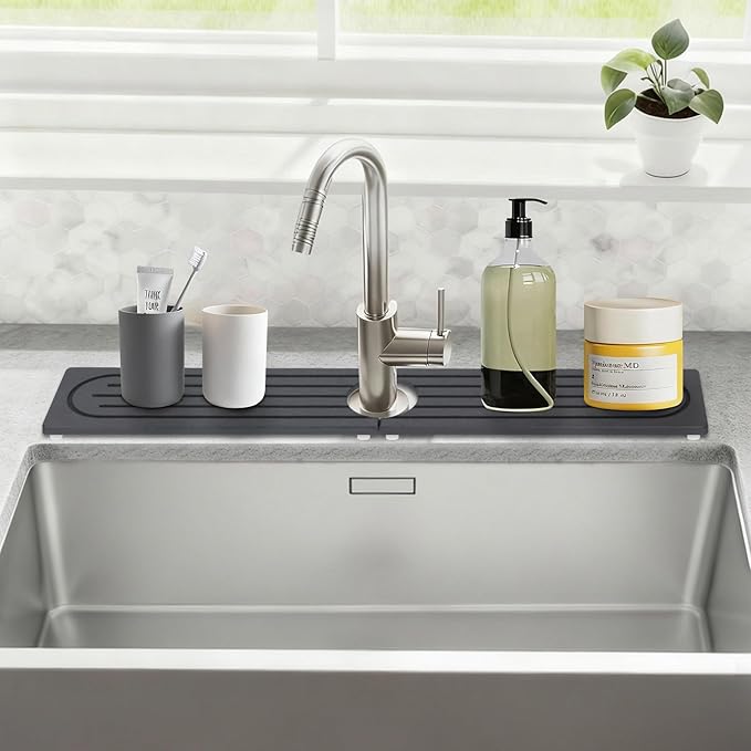 Stone Faucet Mat for Kitchen Sink with Raised Feet, Durable Diatomite Fast-Drying Stone Tray, Non-Slip Decorative Sink Protector for Kitchen Bathroom Counter, Easy Clean, Pure black, 30" x 4"