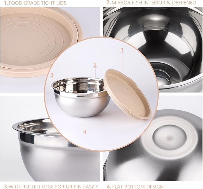 Leidawn Mixing Bowls with Lids set - 25 PCS Stainless Steel Nesting Khaki Mixing Bowls Set for Baking,Mixing,Serving & Prepping,Size 5, 3.7, 2.8, 2.3, 1.7, 1.1, 0.7QT, 11 Cooking