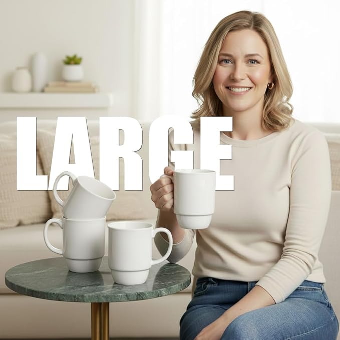 Stackable Porcelain Coffee Mug Set of 4 – 20oz Jumbo Capacity, Space-Saving Ceramic Mugs with Large Handle for Kitchen & Coffee Bar, Microwave & Dishwasher Safe Modern Home Gift