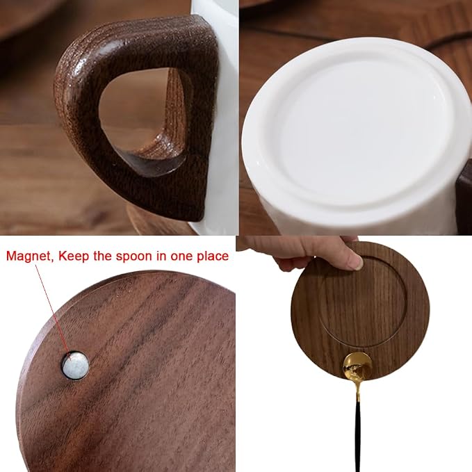5oz/150ml Cappuccino Cup and Saucer Set, White Porcelain Cup with Walnut Wood Saucer, Espresso Coffee Mug, set of 1 (SYJ-TC001)