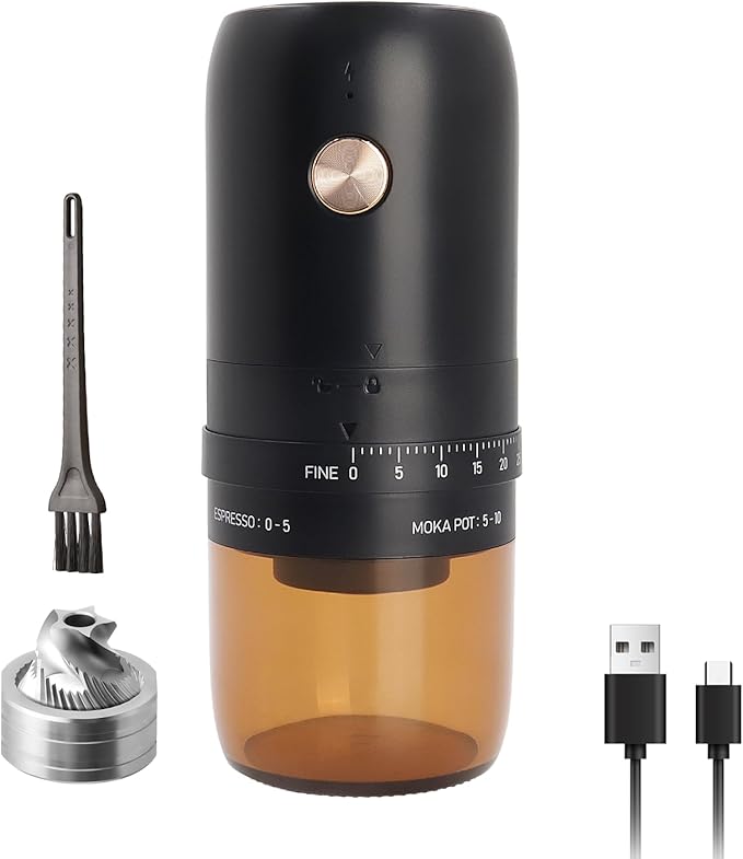 Portable Electric Burr Coffee Grinder by ELMWAY - Rechargeable Mini Coffee Grinder with Stainless Steel Burr & External Coarseness Adjustment, Compact for Travel & Home Use - Black