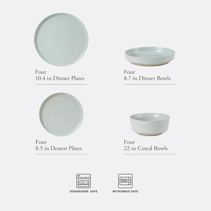Gibson Elite Overbrook 16-Piece Pottery Clay Stoneware Dinnerware Set – Light Blue Reactive Glaze, Stackable Plates and Bowls w/Pasta Bowl, Service for 4 – Microwave & Dishwasher Safe