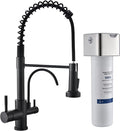 GIMILI 3 in 1 Kitchen Faucet with Pull Down Sprayer Matte Black Two Handle Kitchen Sink Faucet with Under Sink Water Filter System Reduces PFAS, PFOA/PFOS, Lead, Chlorine, Bad Taste & Odor