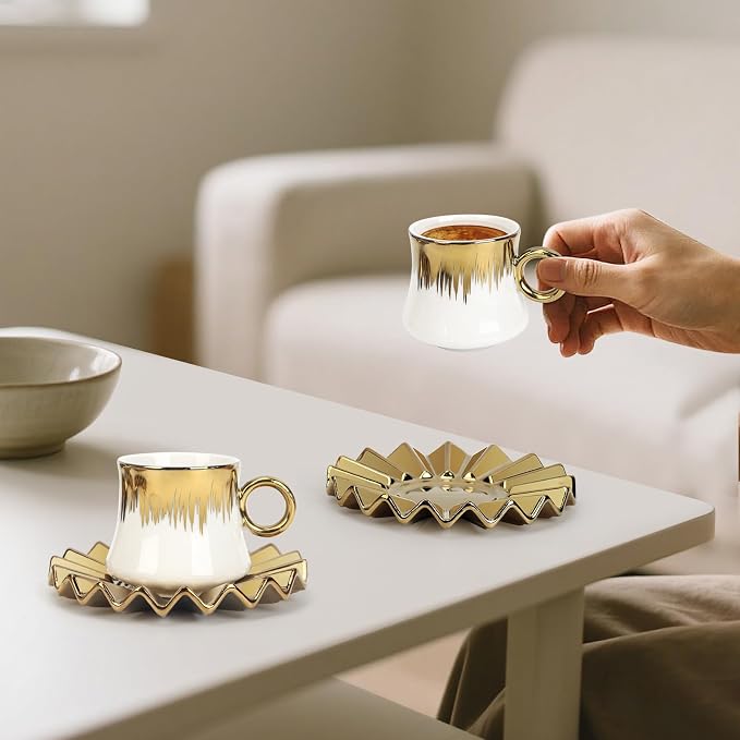 Coffee Cup Set of 6 with Saucers, 3.5 OZ Ceramic Espresso Cups, Demitasse Turkish Coffee Cup Gift for Double Shot, Latte, Cafe Mocha, Dishwasher & Microwave Safe, Deco Golden