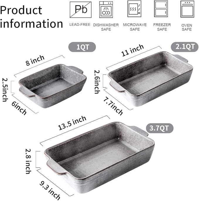 KOOV Bakeware Set, Ceramic Baking Dish Set, Rectangular Casserole Dish Set, Lasagna Pan, Baking Pans Set for Cooking, Cake Dinner, Kitchen, 9 x 13 Inches, Reactive Glaze 3-Piece, Variable Grey