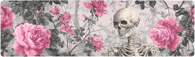 2 in 1 Table Runner Trivet for Hot Pots and Pans Heat Resistant Non Slip Waterproof 39 x 12 Inch Decorative Table Protector for Kitchen Countertop Grey Skull and Pink Rose