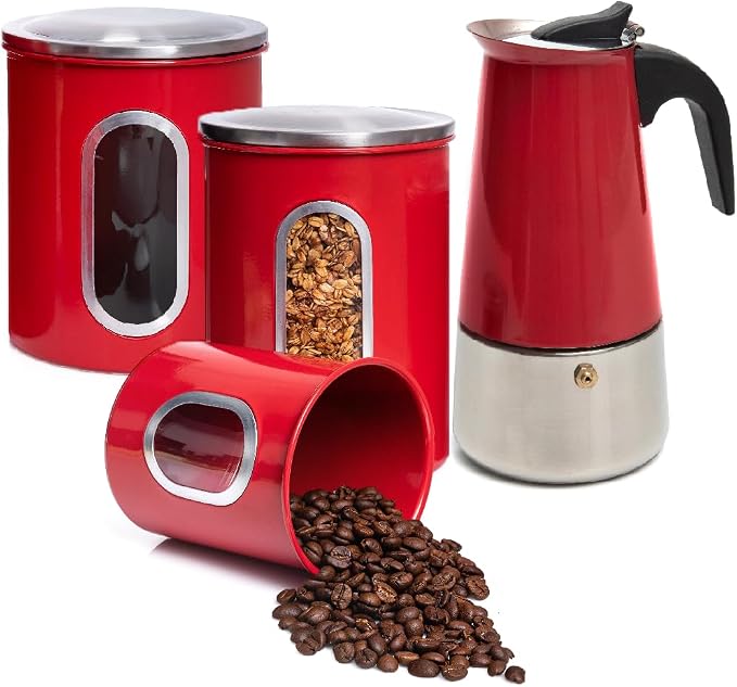 Mixpresso Stovetop Espresso Coffee Maker 15oz/9 Espresso Cup, Moka Coffee Pot with Coffee Percolator Design, Stainless Steel Stovetop Espresso Maker, Italian Coffee Maker, Bundle With 3 Piece Red Cani
