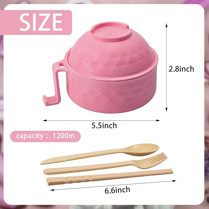 2 Sets Microwave Ramen Bowl 40 oz Wheat Fiber Portable Instant Noodle Cooker Bowl with Handles Strainer Spoon Chopstick Fork College Dorm Room Apartment Essentials(Pink,Yellow)