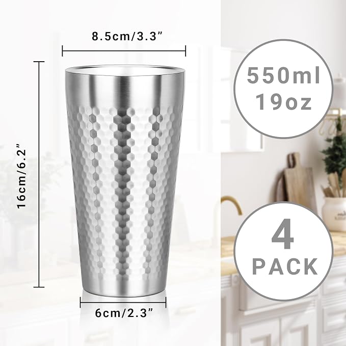Metal Cup, 19 oz Insulated Tumbler, 4 Pack Double Wall Unbreakable Stackable Water Tumblers Premium Insulated Stainless Steel Cups Drinking Glasses for Home Travel Camping Outdoor