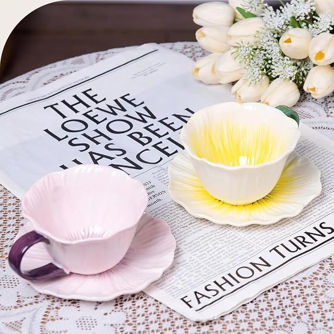 ONEUSTAR Tea Cups and Saucers 10 oz Ceramic Flower Shaped Tea Cup and Saucer Set Cappuccino Cup Latte Cup for Mother's Day Thanksgiving Wedding Gift, Purple