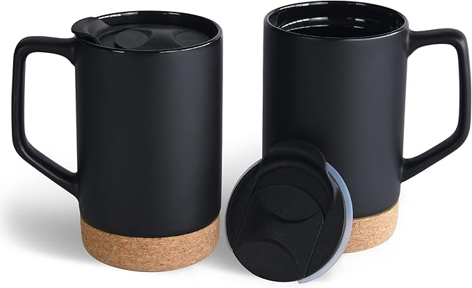 Ceramic Coffee Mug Set of 2, 17 OZ Large Coffee Mug with Removeable Cork Bottom and Splash Proof Lid, Large Handle Coffee Mugs (Matte Black) | Removable Cork Bottom,Splash Proof Lid,Large Handle,For Coffee,Tea,Hot Chocolate