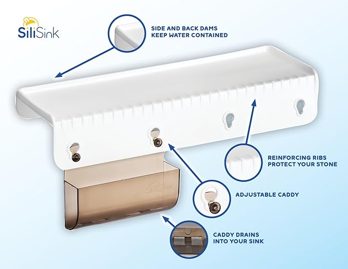 SiliProducts SiliSink Silicone Sink Edge Guard for Kitchen Sink - Fits 3.75” - 4” Wide - The Original Silicone Edge Protector with Sponge Caddy, 14” White