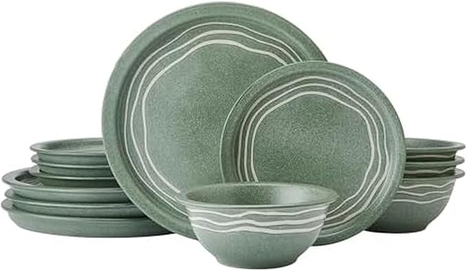 Pfaltzgraff Nature's Pallet 12 Piece Stoneware Dinnerware Set, Service for 4, Modern Style, High Rims for Everyday use, Green