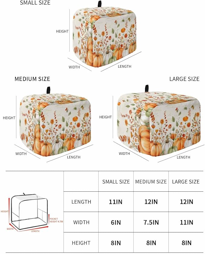 Orange White Pumpkins Fall Toaster Cover 2 Slice, Thanksgiving Botanical Leaves Dustproof Bakeware Oven Protector with Hook, Retro Waterproof Small Kitchen Appliance Toasters Dust Cover, 12"x7.5"x8"