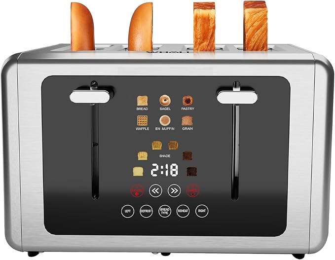 Whall 4-Slice Smart Toaster with Touchscreen & Extra-Wide Slots, Dual Independent Control, 6 Browning Levels & 6 Bread Types, Memory Function,Countdown Timer, Ideal Kitchen Gift