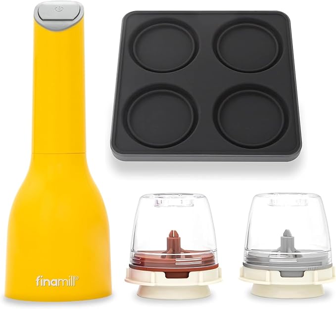 FinaMill Classic Battery Spice Mill Bundle with Slate Quartet Stackable Tray – One-Handed Grinder with Interchangeable Pods, Space-Saving Spice Organizer, Valentine’s Day Gift for Food Lovers