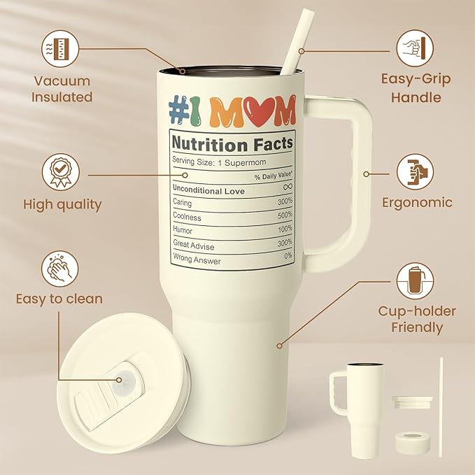 Mom Tumbler with Handle 40oz, Cool Mom Club Cup Stainless Steel Insulated Tumblers Coffee Travel Mugs, Gifts for Moms from Daughter Son, Best Mother Gift for Birthday Christmas Mothers Day