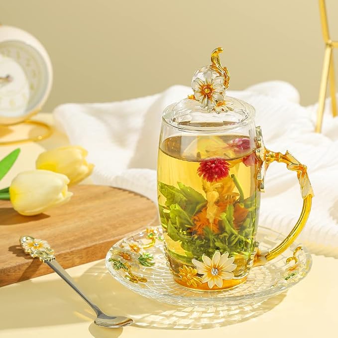 Gift for Women Christmas Birthday Mother's Day Glass Tea Cup with Lid Cute Coffee Mug Daisy Flower Vintage (11oz YellowDaisy)