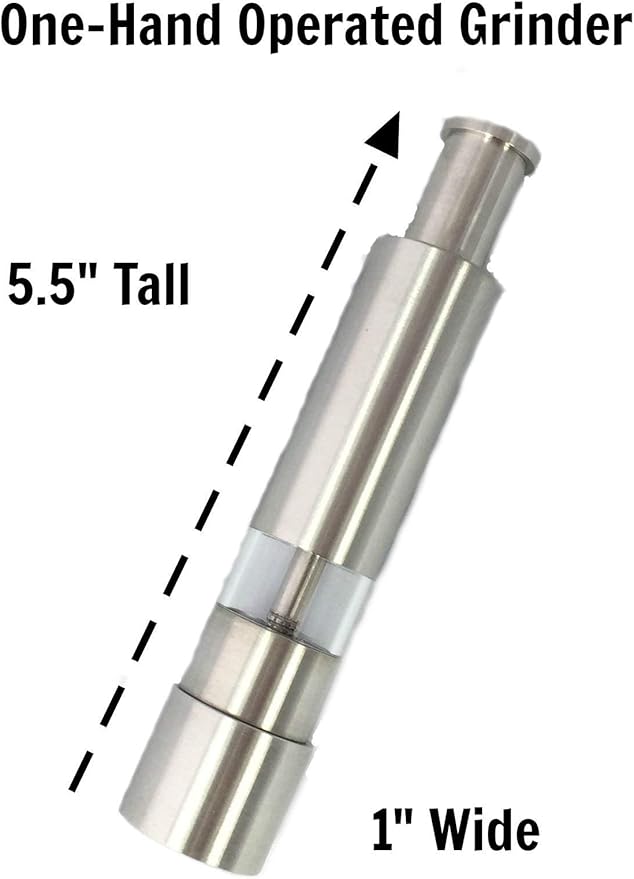Grind Gourmet Salt and Pepper Grinder Set, Original Pump & Grind Peppermill are Refillable, Modern Thumb Press Grinder, Works With Black Pepper, Sea Salt, Himalayan Salts, Stand Included
