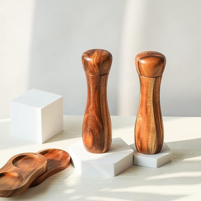 Salt and Pepper Grinder Set with Mill Tray, Set of 2 Salt and Pepper Mill with Ceramic Grinder Acacia Wood, Height 20.5 cm, Dia 6 cm