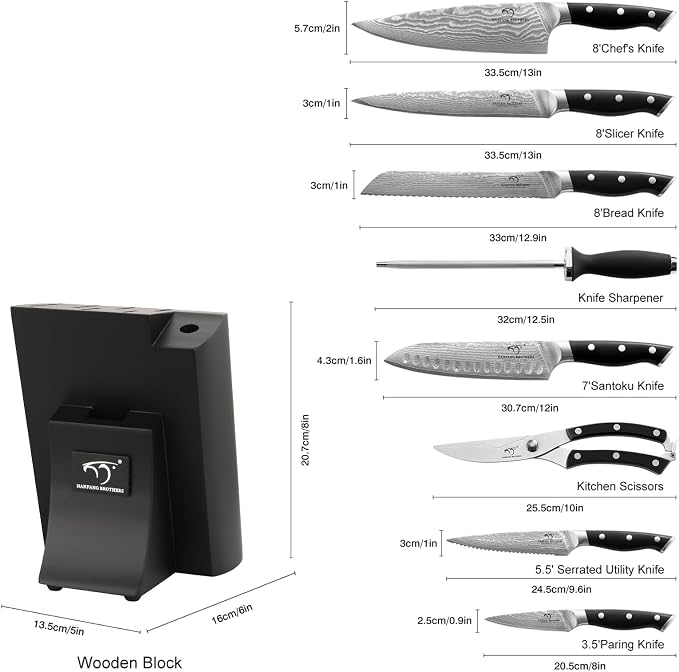 NANFANG BROTHERS Knife Set, 9 Pieces Damascus Kitchen Knife Set with Block, ABS Ergonomic Handle for Chef Knife Set, Knife Sharpener and Kitchen Shears, Knife Block Set