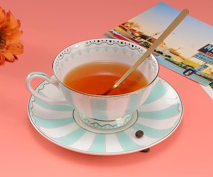 Bone China Tea Cup Set with Saucer Spoon - 3 Piece Set (7oz) - Cappuccino & Latte Cups - Mother's Day Gift