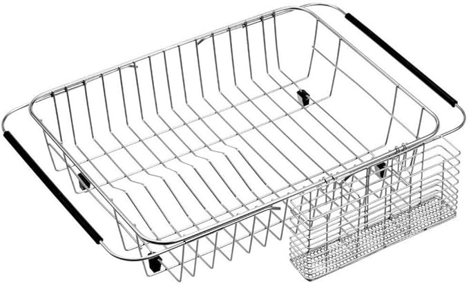 SANNO Expandable Pull Out Cabinet Organizer Kitchen Sliding Shelf Under Sink Shelf, Expandable Drawer Shelves with Sliding, Dish Drying Rack with Stainless Steel Utensil Holder