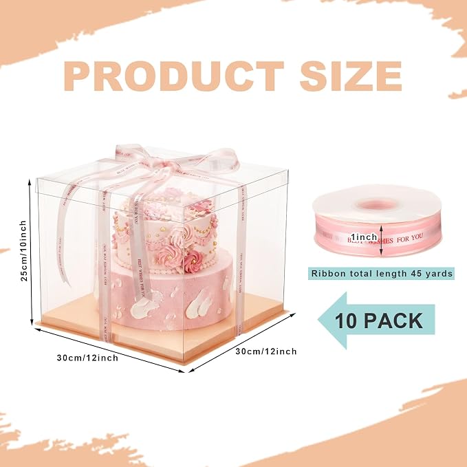 Maxdot 10 Pcs Transparent Tall Cake Boxes 12" x 12" x 10" Large Clear Cake Box with Ribbon Dessert Carrier PET Wedding Dessert Storage Container Clear Gift Box for Birthday Party Display (Pink)