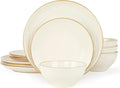 Famiware Jupiter 12-Piece Stoneware Dinnerware Set for 4, Handcrafted Plates and Bowls with Speckles & Embossed Swirls, Chip/Scratch Resistant, Microwave/Dishwasher Safe, Modern Dishes, Vanilla White