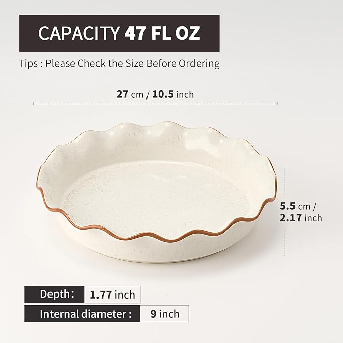 SIDUCAL Pie Pan for Baking 10.5 inch,NonStick Reusable Ceramic Pie Plate with Ruffled Edge,Dishwasher and Oven Safe,Deep Dish Pie Pan for Apple Pie,Quiche,Pot Pies, Tart, etc（White）