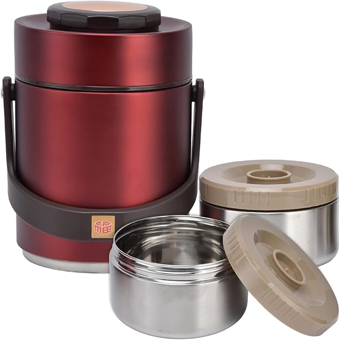 1.5L Bento Box, High Capacity Stainless Steel Portable Bento Box, Hot Food Thermos, Adults Lunch Thermos, 3 Layer Sealed Stackable Food, for Outdoor Office(Red)
