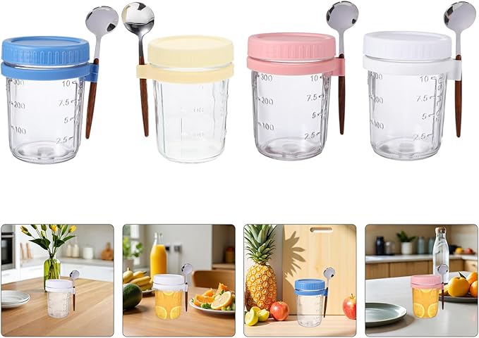 Garneck 4pcs Glass Overnight Oats Containers with Airtight Lids and Integrated Spoon Holder Reusable Yogurt Jars for Milk Cereal Fruit Storage Transparent Meal Prep Jars