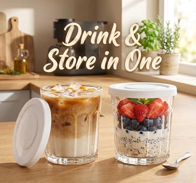 Working Glass Cups with Lids Set of 4,13.5oz Thick Drinking Glasses, Heavy Duty Glass Tumblers, Stackable Food Storage Jars,Clear Picardie Style Glassware
