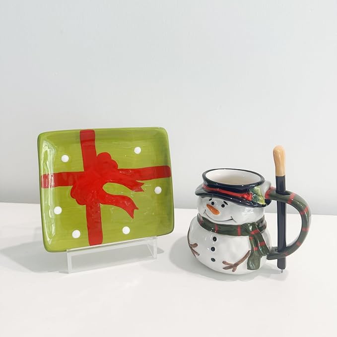 Ceramic Christmas Tea Cup and Saucer Set ，220ML(7.5OZ) 3D Hand-painted Christmas Snowman Coffee Mug，Rectangular Saucer, Spoon