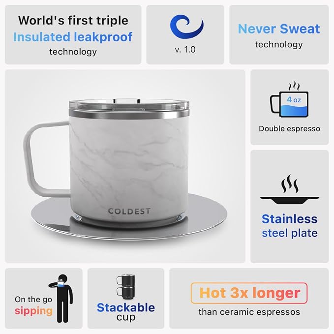 Stackable Insulated Espresso Cup with Saucer by Coldest - Insulated Triple Wall Travel Stainless Steel Travel Double Shot Espresso Coffee Mug with Sliding Lid (4 oz, Carrara Marble)