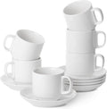 BTaT- Stackable Tea Cups and Saucers, White, Set of 6 (8 oz), Cappuccino Cups, British Coffee Cups, Porcelain Tea Set